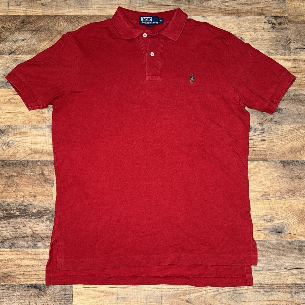 Polo by Ralph Lauren Red Solid Knit Polo Shirt Men's M Short Sleeve Green Logo